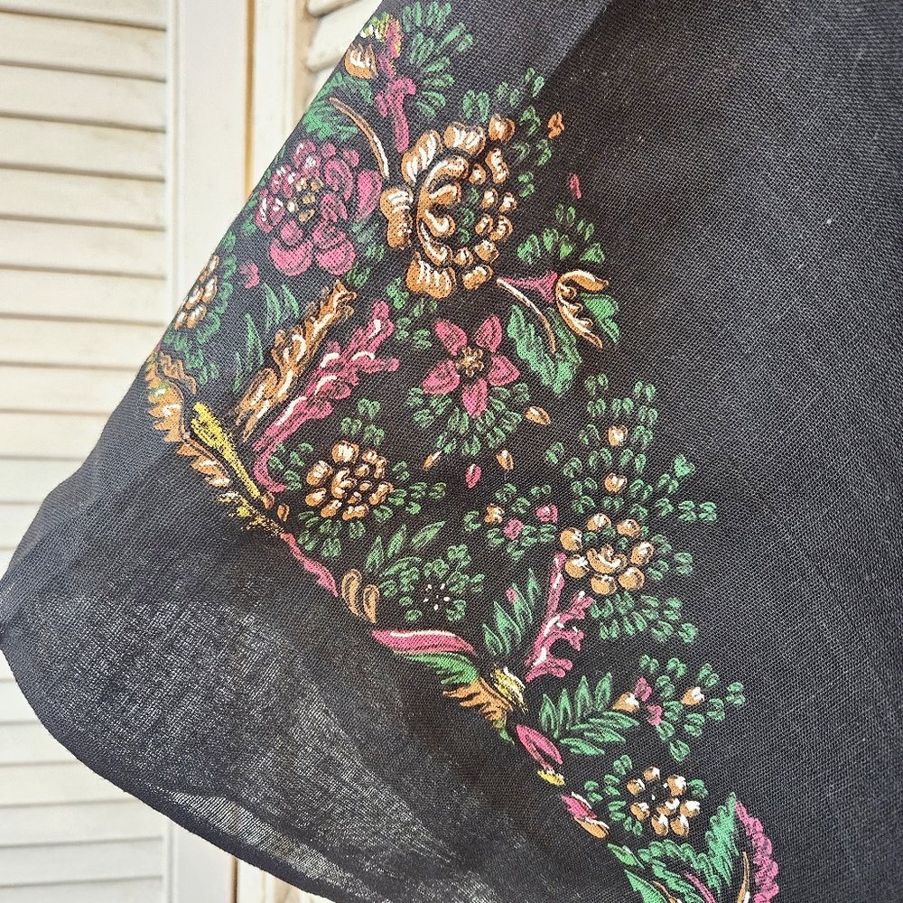 Vintage Black Cotton Square Shawl/Scarf With Printed Floral Design - Picture 4 of 8